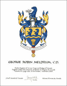 Letters patent granting heraldic emblems to George Robin Meldrum