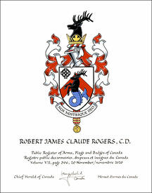 Lettres patentes concédant des emblèmes héraldiques à Robert James Claude Rogers