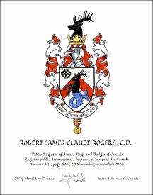 Lettres patentes concédant des emblèmes héraldiques à Robert James Claude Rogers Lettres patentes concédant des emblèmes héraldiques à Robert James Claude Rogers