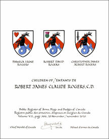 Letters patent granting heraldic emblems to Robert James Claude Rogers