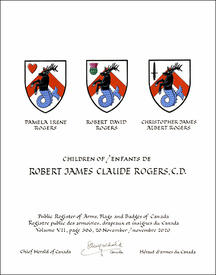 Lettres patentes concédant des emblèmes héraldiques à Robert James Claude Rogers Lettres patentes concédant des emblèmes héraldiques à Robert James Claude Rogers