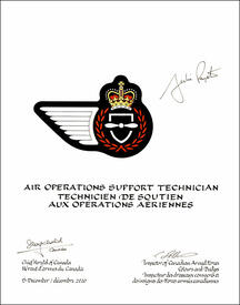 Letters patent approving the heraldic emblems of an Air Operations Support Technician of the Royal Canadian Air Force