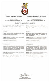 Lettres patentes enregistrant les emblèmes héraldiques de Tarlton Fleming-Parsons Lettres patentes enregistrant les emblèmes héraldiques de Tarlton Fleming-Parsons