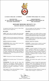 Letters patent registering the heraldic emblems of Richard Bedford Bennett