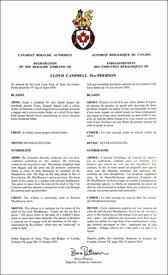 Lettres patentes enregistrant les emblèmes héraldiques de Lloyd Campbell MacPherson Lettres patentes enregistrant les emblèmes héraldiques de Lloyd Campbell MacPherson