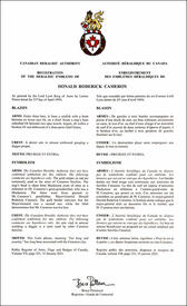 Letters patent registering the heraldic emblems of Donald Roderick Cameron Letters patent registering the heraldic emblems of Donald Roderick Cameron