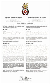 Letters patent registering the heraldic emblems of Roy Herbert Thomson