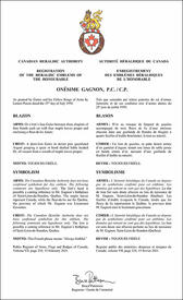 Letters patent registering the heraldic emblems of Onésime Gagnon
