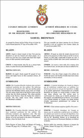 Lettres patentes enregistrant les emblèmes héraldiques de Samuel Bronfman Lettres patentes enregistrant les emblèmes héraldiques de Samuel Bronfman