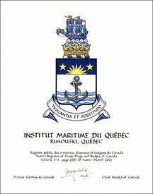 Letters patent granting heraldic emblems to the Institut maritime du Québec