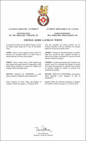 Letters patent registering the heraldic emblems of Thomas Kerr Lachlan White Letters patent registering the heraldic emblems of Thomas Kerr Lachlan White