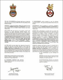 Lettres patentes concédant des emblèmes héraldiques à Robert Michael Culbertson Lettres patentes concédant des emblèmes héraldiques à Robert Michael Culbertson