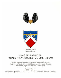 Letters patent granting heraldic emblems to Robert Michael Culbertson