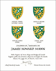 Letters patent granting heraldic emblems to James Howard Mann