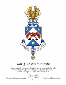 Lettres patentes concédant des emblèmes héraldiques à Yan J. Kevin Bolduc
