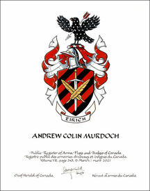 Letters patent granting heraldic emblems to Andrew Colin Murdoch