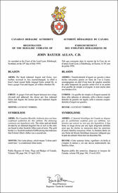 Lettres patentes enregistrant les emblèmes héraldiques de John Baxter Allan
