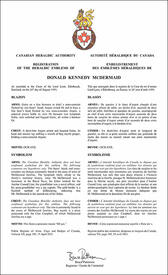 Lettres patentes enregistrant les emblèmes héraldiques de Donald Kennedy McDermaid