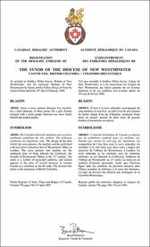 Letters patent registering the heraldic emblems of the Synod of the Diocese of New Westminster Letters patent registering the heraldic emblems of the Synod of the Diocese of New Westminster