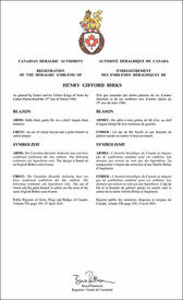 Lettres patentes enregistrant les emblèmes héraldiques d'Henry Gifford Birks