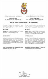 Letters patent registering the heraldic emblems of Signy Hildur Eaton (née Stephenson)