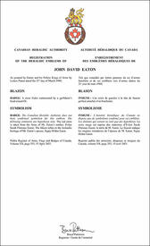 Lettres patentes enregistrant les emblèmes héraldiques de John David Eaton