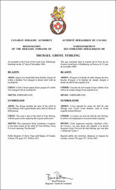 Lettres patentes enregistrant les emblèmes héraldiques de Michael Grote Stirling Lettres patentes enregistrant les emblèmes héraldiques de Michael Grote Stirling