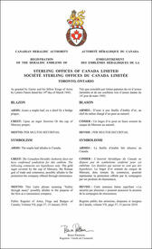 Letters patent registering the heraldic emblems of Sterling Offices of Canada Limited