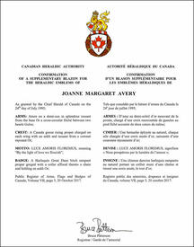 Letters patent confirming a supplementary blazon for the heraldic emblems of Joanne Margaret Avery