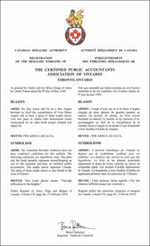 Lettres patentes enregistrant les emblèmes héraldiques de The Certified Public Accountants Association of Ontario