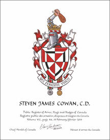 Letters patent granting heraldic emblems to Steven James Cowan Letters patent granting heraldic emblems to Steven James Cowan
