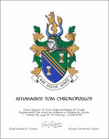 Lettres patentes concédant des emblèmes héraldiques à Athanasios Tom Chronopoulos Lettres patentes concédant des emblèmes héraldiques à Athanasios Tom Chronopoulos