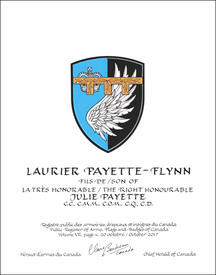 Letters patent granting heraldic emblems to Julie Payette, for use by Laurier Payette-Flynn