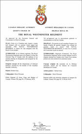 Lettres patentes approuvant les emblèmes héraldiques de The Royal Westminster Regiment