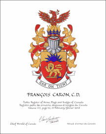 Letters patent granting heraldic emblems  to François Caron