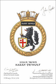 Lettres patentes approuvant les emblèmes héraldiques du NCSM Harry DeWolf