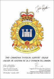 Lettres patentes approuvant les emblèmes héraldiques  du Groupe de soutien de la 2e Division du Canada