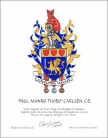 Letters patent granting heraldic emblems to Paul Munro Thobo-Carlsen