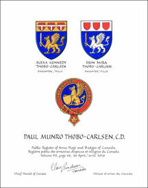 Letters patent granting heraldic emblems to Paul Munro Thobo-Carlsen