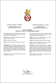 Letters patent confirming the heraldic emblems of the City of Delta Letters patent confirming the heraldic emblems of the City of Delta