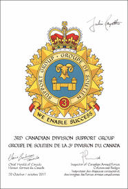 Letters patent approving the heraldic emblems of the 3rd Canadian Division Support Group