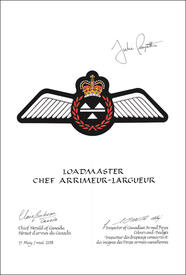 Letters patent approving the heraldic emblems of a Loadmaster of the Canadian Armed Forces