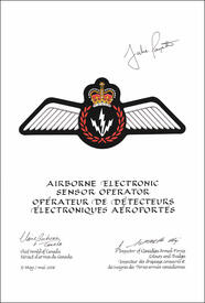 Letters patent approving the heraldic emblems  of an Airborne Electronic Sensor Operator of the Canadian Armed Forces