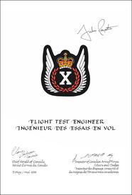 Lettres patentes approuvant les emblèmes héraldiques d'un ingénieur des essais en vol des Forces armées canadiennes Lettres patentes approuvant les emblèmes héraldiques d'un ingénieur des essais en vol des Forces armées canadiennes