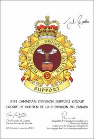 Letters patent approving the heraldic emblems of the 5th Canadian Division Support Group Letters patent approving the heraldic emblems of the 5th Canadian Division Support Group