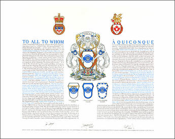 Letters patent granting heraldic emblems to Mary May Simon