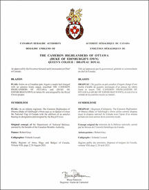 Letters patent approving the heraldic emblems of The Cameron Highlanders of Ottawa (Duke of Edinburgh's Own)