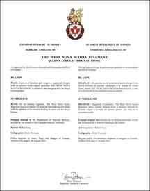 Letters patent approving the heraldic emblems of The West Nova Scotia Regiment