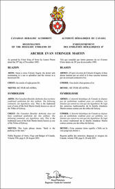 Letters patent registering the heraldic emblems of Archer Evan Stringer Martin