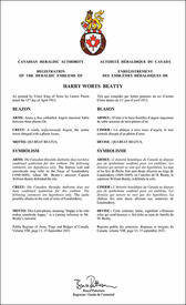 Lettres patentes enregistrant les emblèmes héraldiques de Harry Worts Beatty Lettres patentes enregistrant les emblèmes héraldiques de Harry Worts Beatty